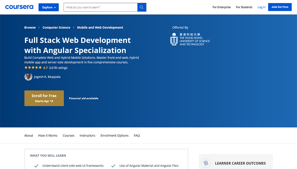 Full Stack Web Development with Angular Specialization By Hong Kong University