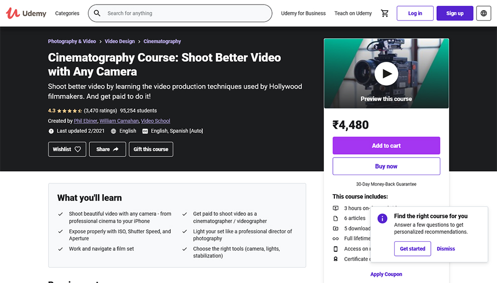 Top Cinematography Courses, Classes and Training Online