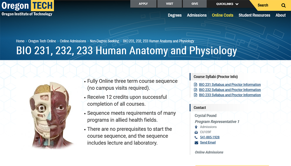 BIO 231, 232, 233 Human Anatomy and Physiology