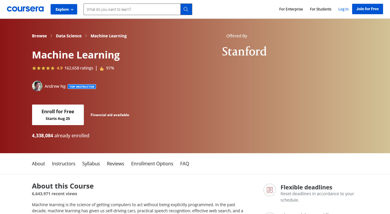 Machine Learning – Offered by Stanford
