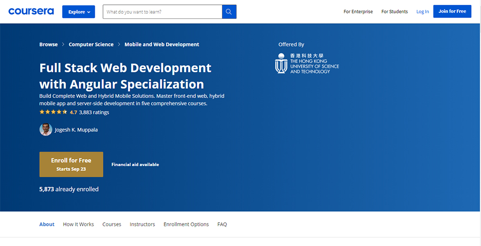 Full Stack Web Development with Angular Specialization by The Hong Kong University of Science and Technology