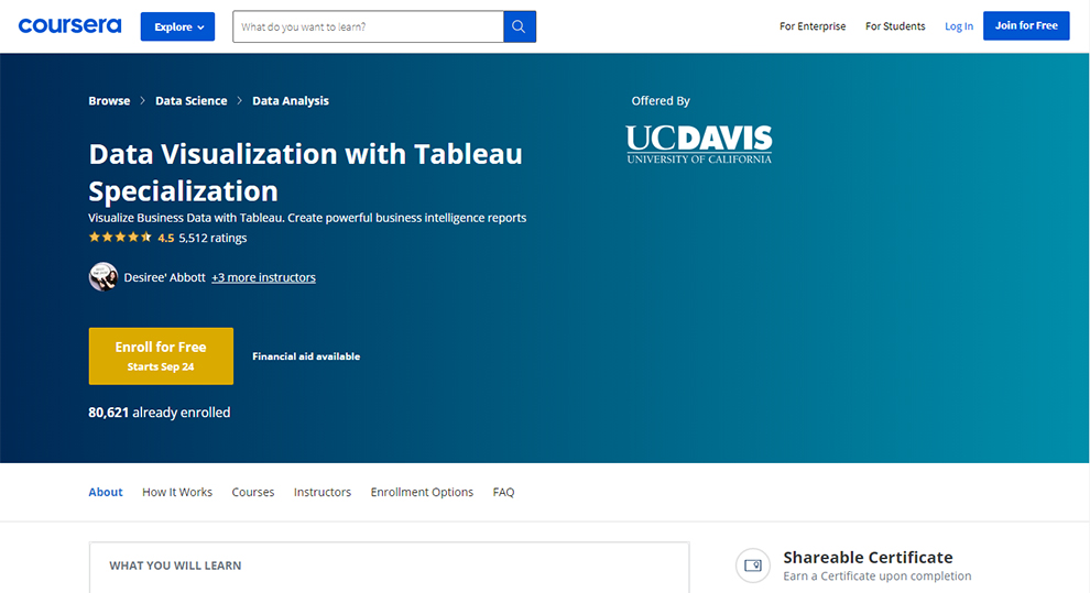 Data Visualization with Tableau Specialization - Offered by University of California
