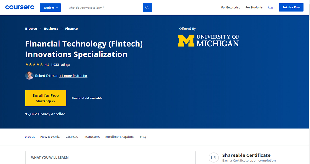 Financial Technology (FinTech) Innovations Specialization (University of Michigan)