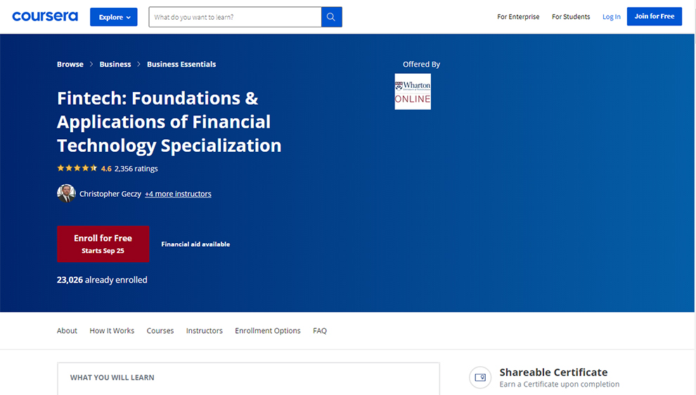 FinTech: Foundations & Applications of Financial Technology specialization by Wharton School