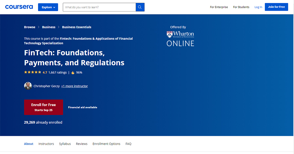 FinTech: Foundations, Payments, and Regulations by Wharton School