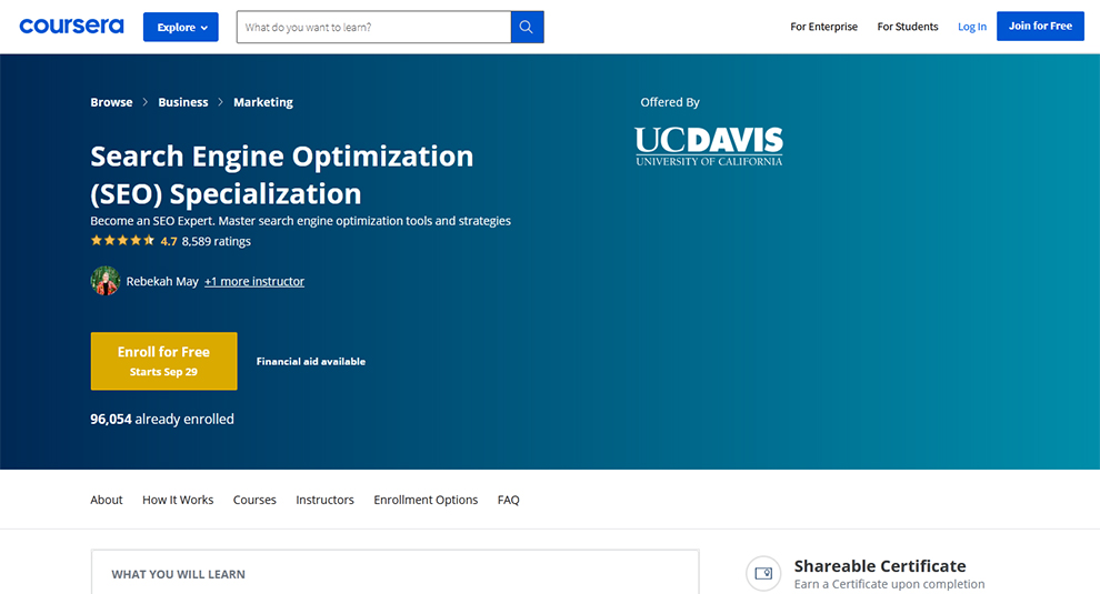 Search Engine Optimization (SEO) Specialization Offered by University of California, Davis