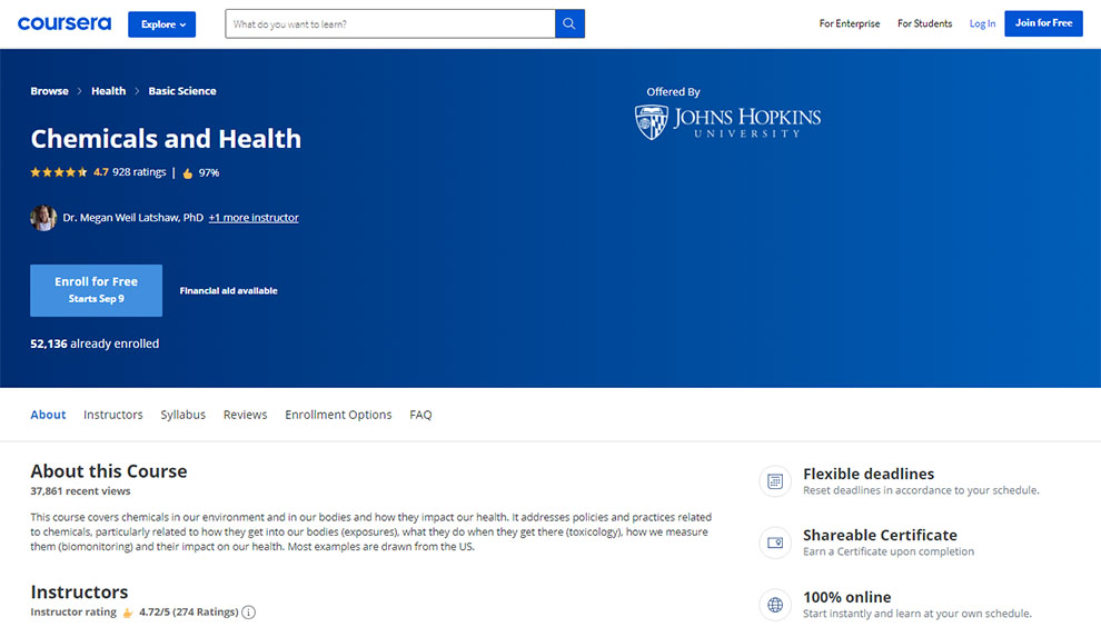 Chemicals and Health – Offered by Johns Hopkins University