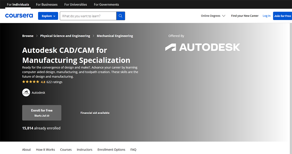 Autodesk CAD/CAM for Manufacturing Specialization