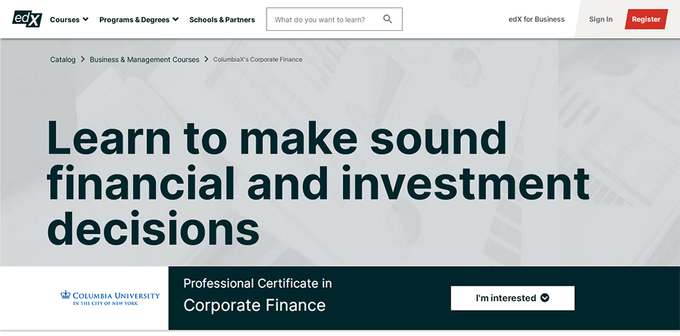 ColumbiaX’s Corporate Finance Professional certificate