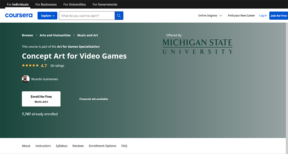 Concept Art for Video Games – Offered by Michigan State University