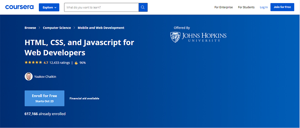 HTML, CSS, and Javascript for Web Developers – by Johns Hopkins University