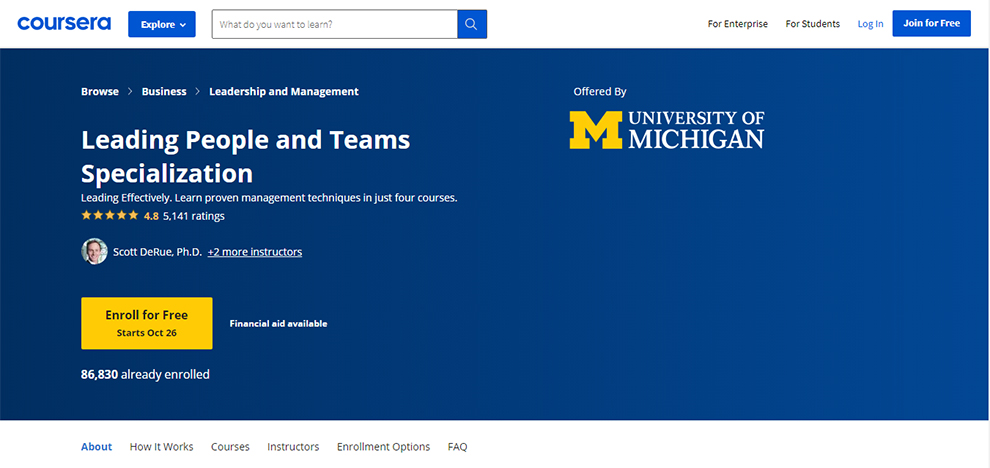 Leading People and Teams Specialization by the University of Michigan