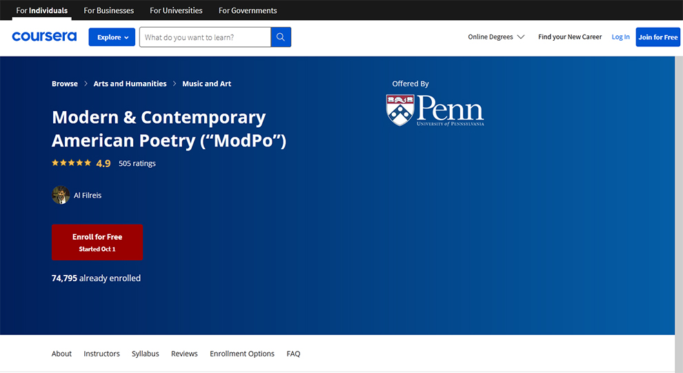 Modern & Contemporary American Poetry (“ModPo”) – Offered by University of Pennsylvania - Coursera