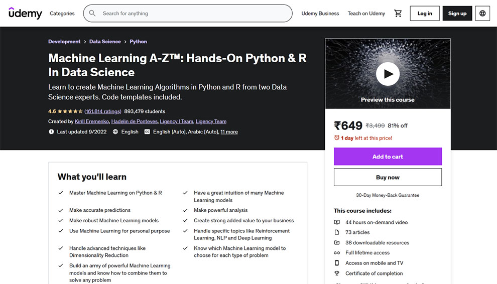 Best Overall Machine Learning A-Z™: Hands-On Python & R In Data Science