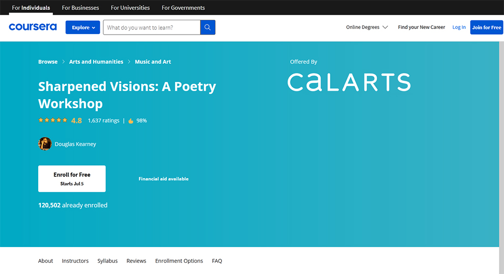 Sharpened Visions: A Poetry Workshop – Offered By California Institute of the Arts – Coursera