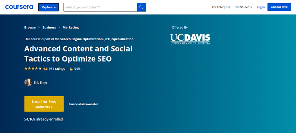 Advanced Content and Social Tactics to Optimize SEO – Offered by University of California, Davis