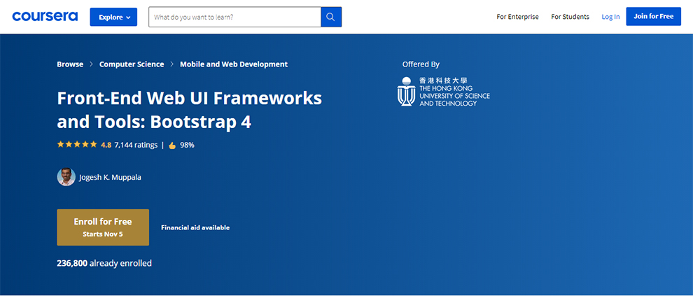 Front-End Web UI Frameworks and Tools: Bootstrap 4 – Offered by The Hong Kong University of Science and Technology