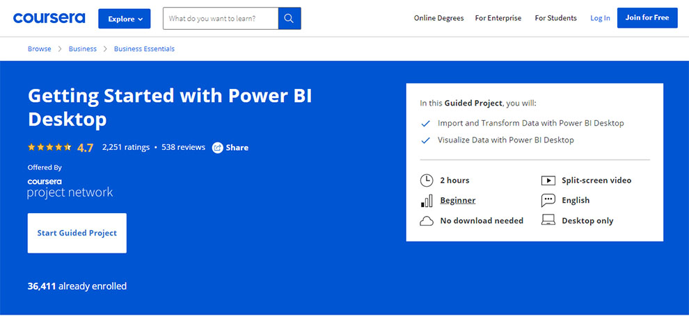 Getting Started with Power BI Desktop – Offered By Coursera Project Network