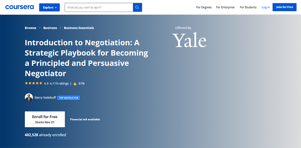 Introduction to Negotiation: A Strategic Playbook for Becoming a Principled and Persuasive Negotiator offered by Yale