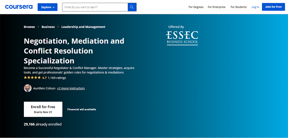 Negotiation, Mediation and Conflict Resolution Specialization offered by ESSEC Business School