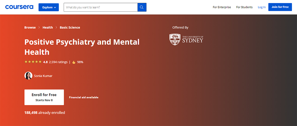 Positive Psychiatry and Mental Health offered by The University of Sydney
