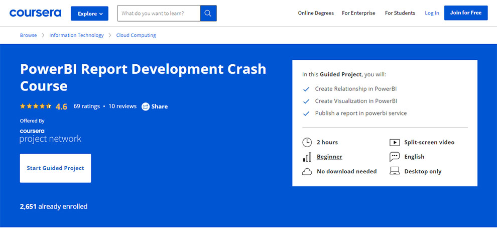 PowerBI Report Development Crash Course – Offered by Coursera Project Network