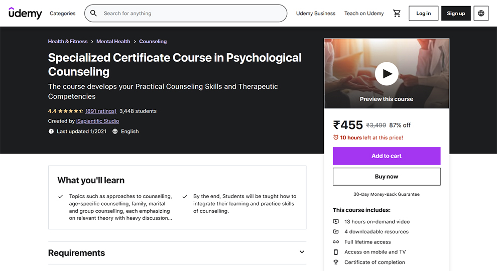 Specialized Certificate Course in Psychological Counselling by Udemy
