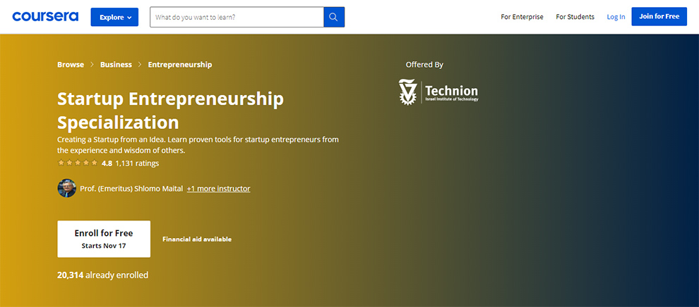 Startup Entrepreneurship Specialization by Technion 