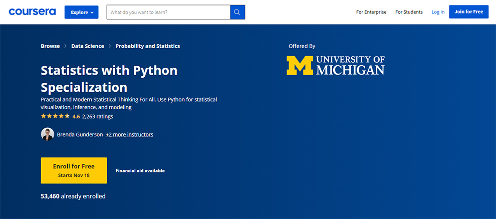 Statistics with Python Specialization – Offered by University of Michigan