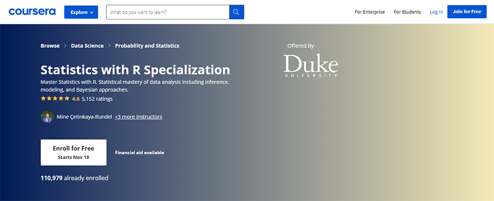 Statistics with R Specialization – Offered by Duke University