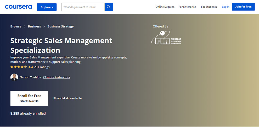 Strategic Sales Management Specialization – Offered by Fundação Instituto de Administração