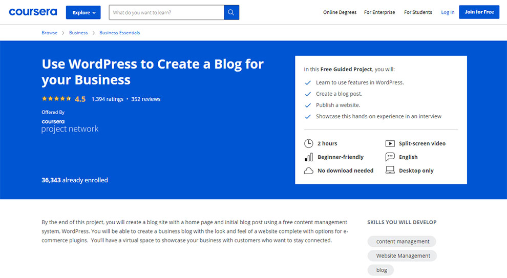 Use WordPress to Create a Blog for your Business – Offered by Coursera Project Network