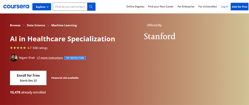AI in Healthcare Specialization offered by Stanford University