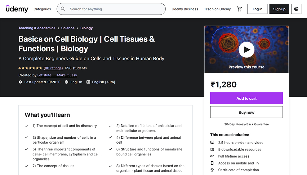 Basics on Cell Biology - Cell Tissues and Functions - Biology offered by Udemy