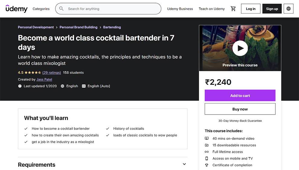Become a World Class Cocktail Bartender in 7 days 