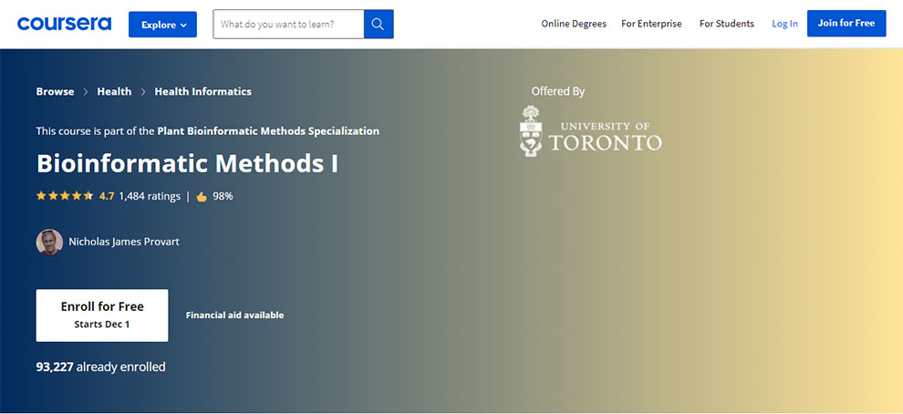 Bioinformatic Methods I – Offered by University of Toronto