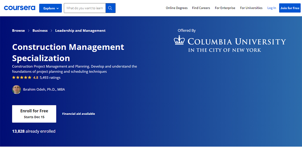 Construction Management Specialization offered by Columbia University