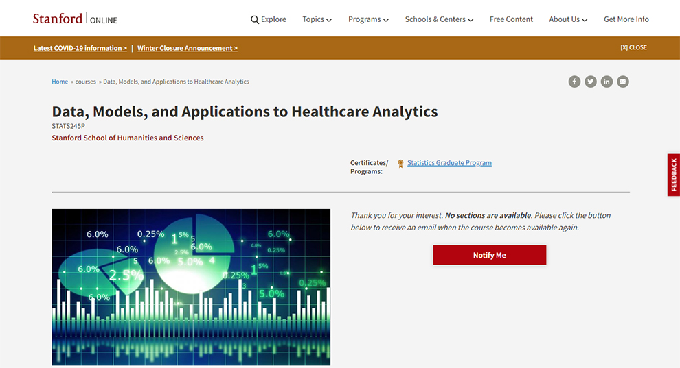 Data, Models and Applications to Healthcare Analytics by (Stanford Online)