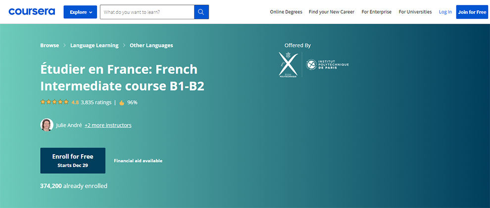 Étudier en France: French Intermediate course B1-B2 – Offered by École Polytechnique