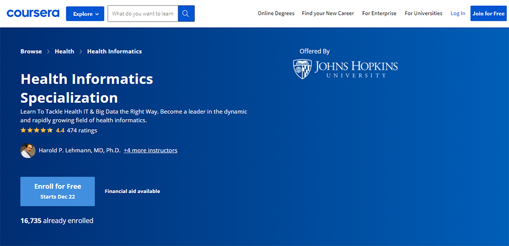 Health Informatics Specialization offered by Johns Hopkins University