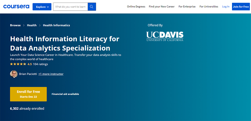 Health Information Literacy for Data Analytics Specialization offered by University Of California, Davis (Coursera)
