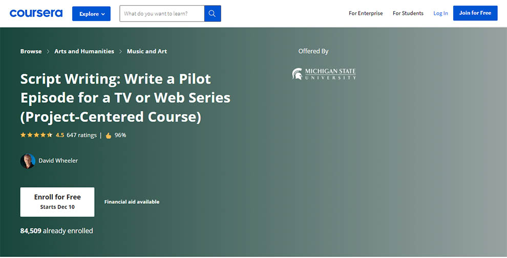 Script Writing: Writing a Pilot Episode for a TV or Web Series (Project Centered Course) offered by Michigan State University