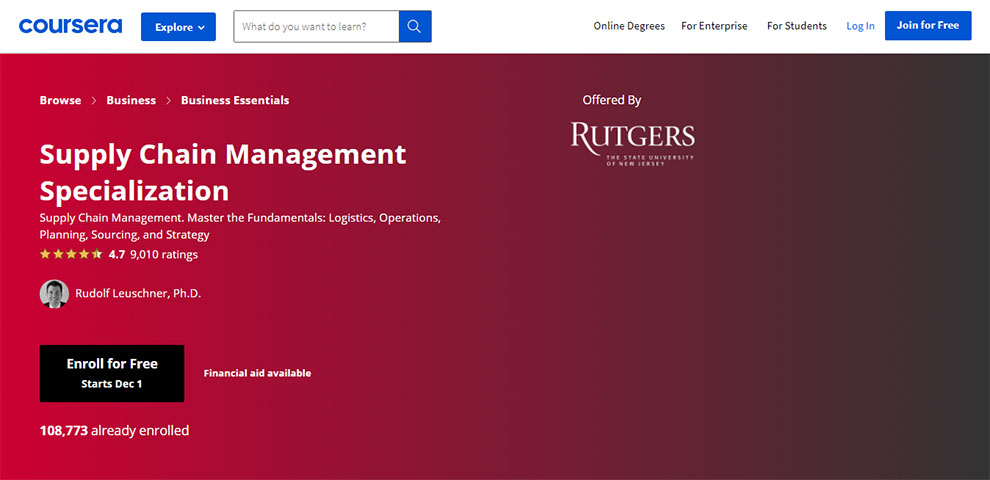 Supply Chain Management Specialization by Rutgers the State University of New Jersey
