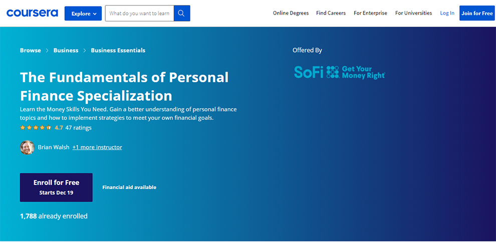 The Fundamentals of Personal Finance Specialization offered by SoFi
