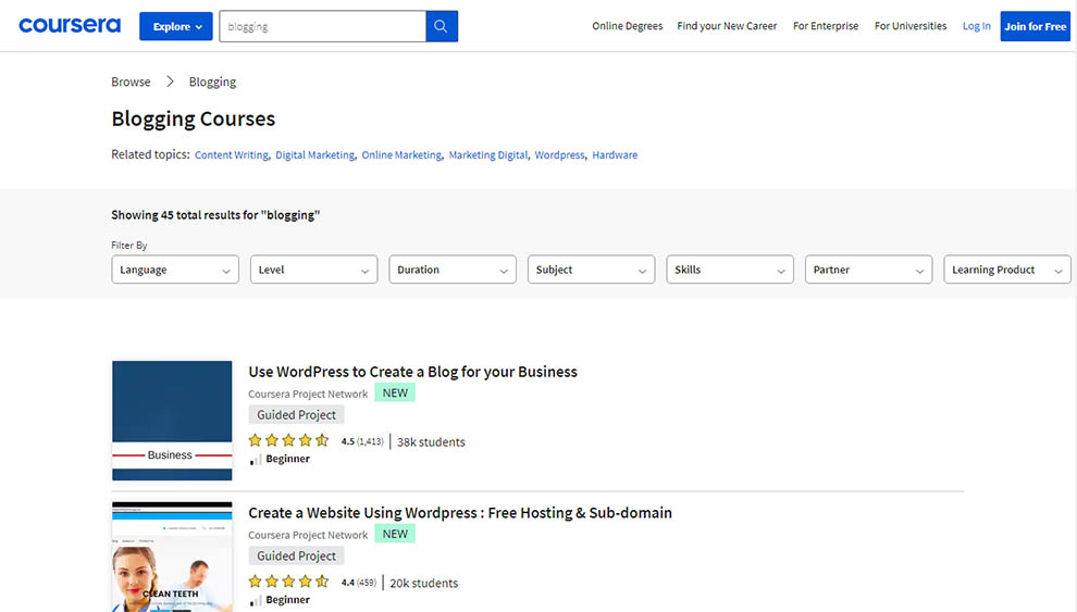 Blogging Courses – [Coursera]