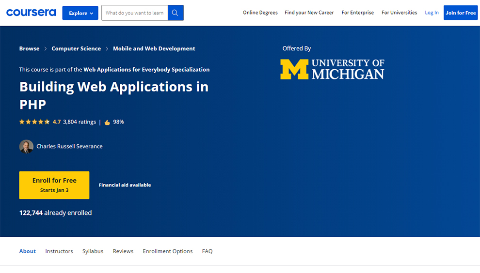 Building Web Applications in PHP – Offered by University of Michigan
