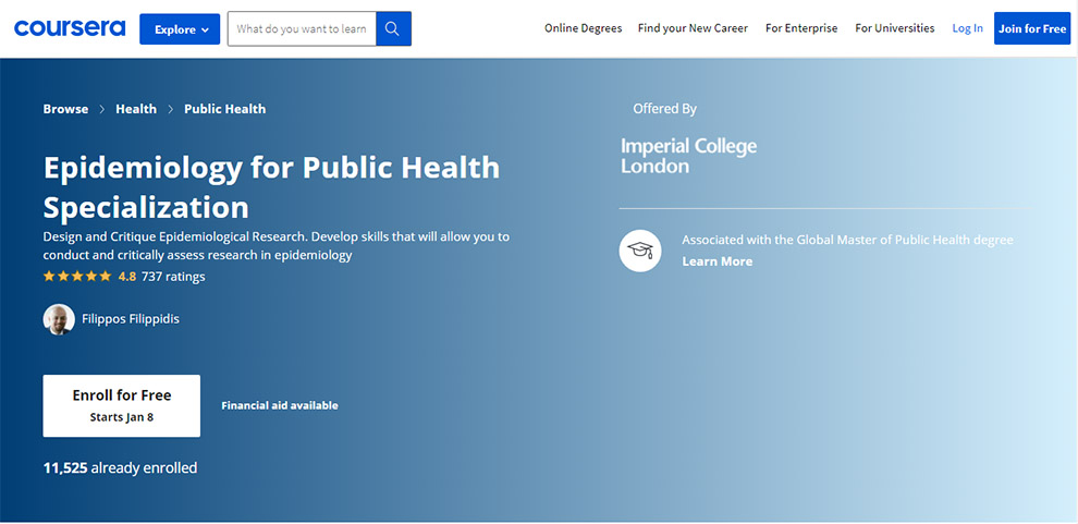 Epidemiology for Public Health Specialization offered by Imperial College London