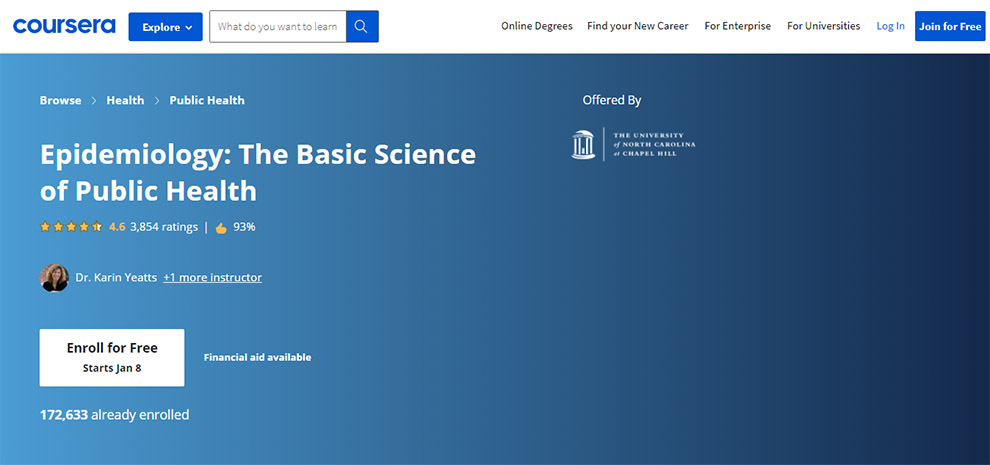 Epidemiology: The Basic Science of Public Health offered by The University of North Carolina at Chapel Hill