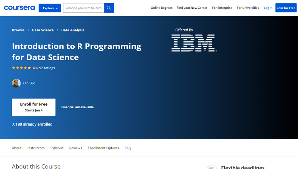 Introduction to R Programming for Data Science offered by IBM
