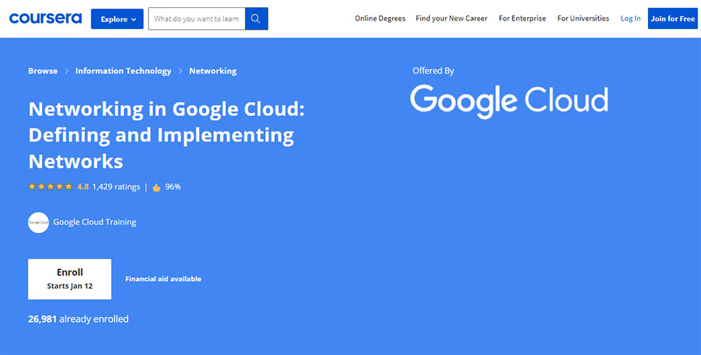 Networking in Google Cloud: Defining and Implementing Networks – Offered by Google Cloud